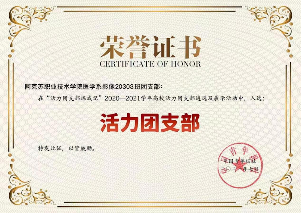 喜报--我院影像20303班团支部荣获“2020-2021 学年高校活力团支部”的称号